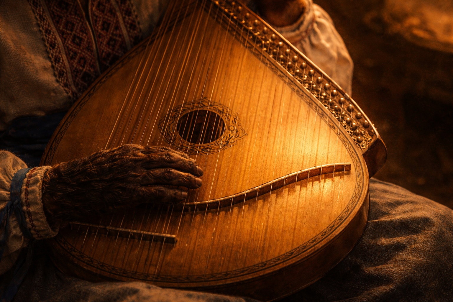 Golden light on a bandura's strings — 55 to 68 strings, each a voice of the nation